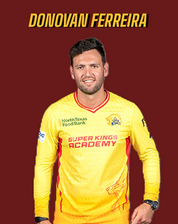 Donovan Ferreira portrait in Official Texas Super Kings 2026 squad shirt