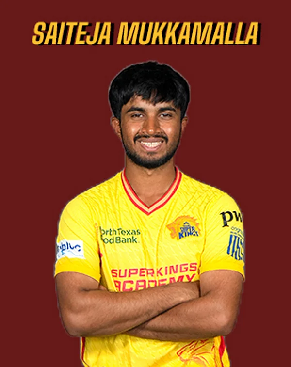 Saiteja Mukkamalla portrait in Official Texas Super Kings 2026 squad shirt