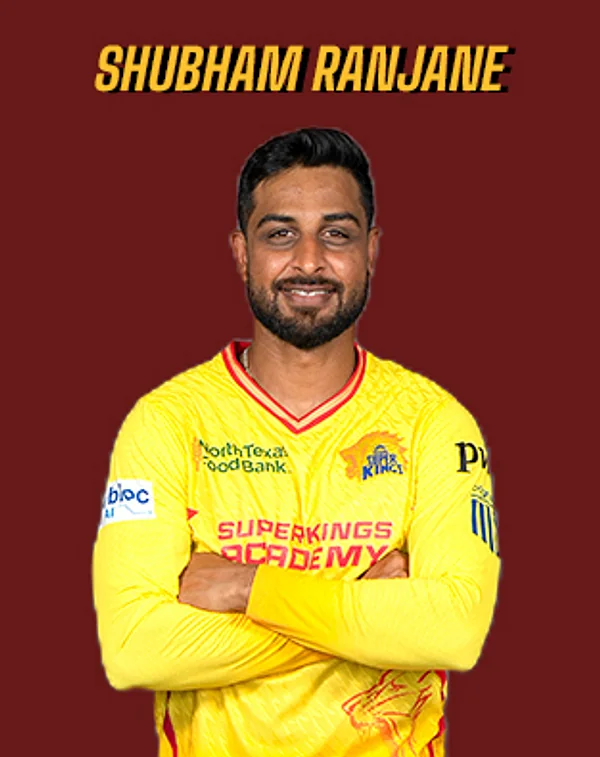 Shubham Ranjane portrait in Official Texas Super Kings 2026 squad shirt