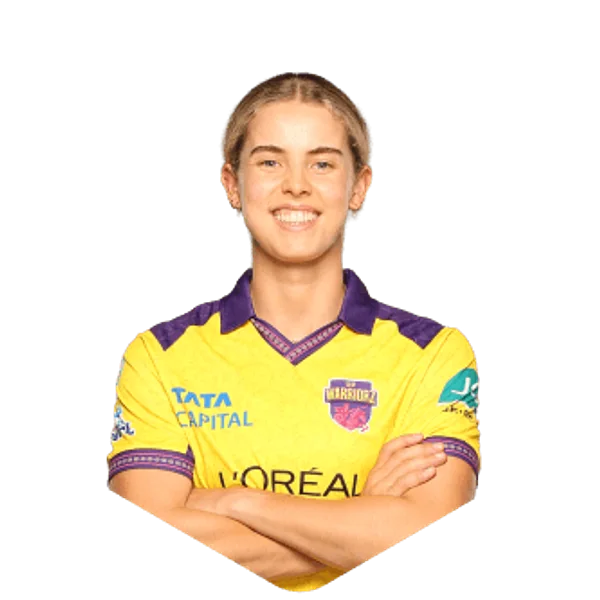 Phoebe Litchfield portrait in Official UP Warriorz 2026 squad shirt