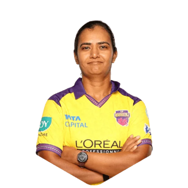 Shikha Pandey portrait in Official UP Warriorz 2026 squad shirt